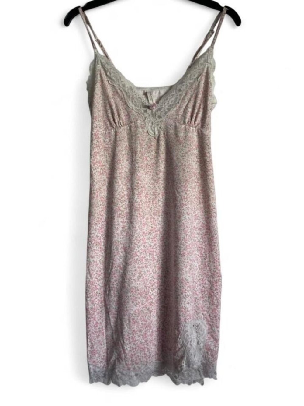 Laura Ashley Pink/White Floral Lace Trim Chemise Nightgown V-Neck Sleeveless S